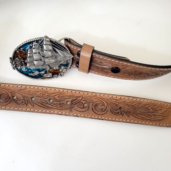 Bergamot Brass Works Clipper Ship Buckle with Tooled Leather Belt Size 40. - Picture 4 of 9